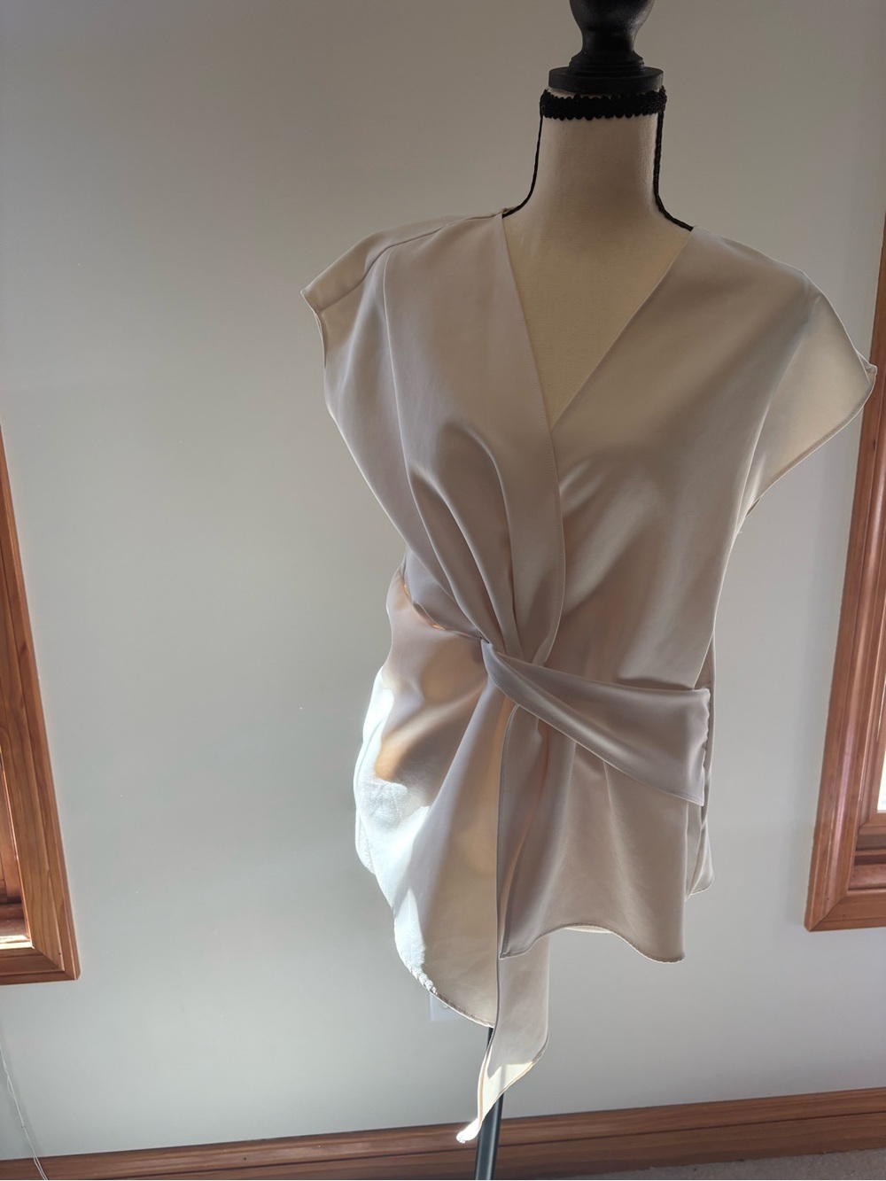 BCBG Cream Knot-Front Satin Wrap Top